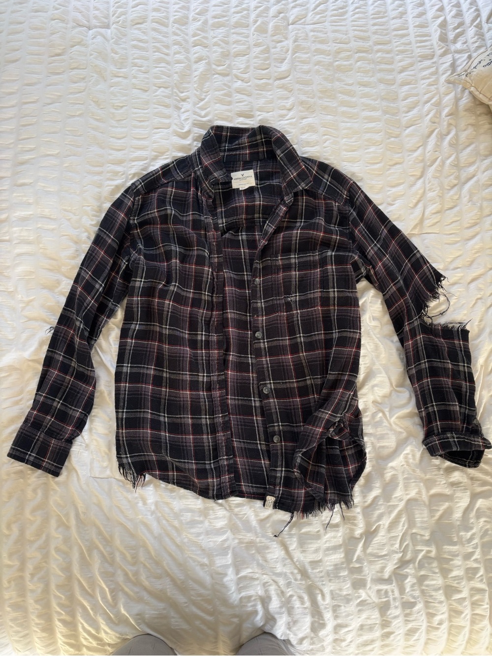 American Eagle Outfitters Black and Burgundy Plaid Button-Down Shirt